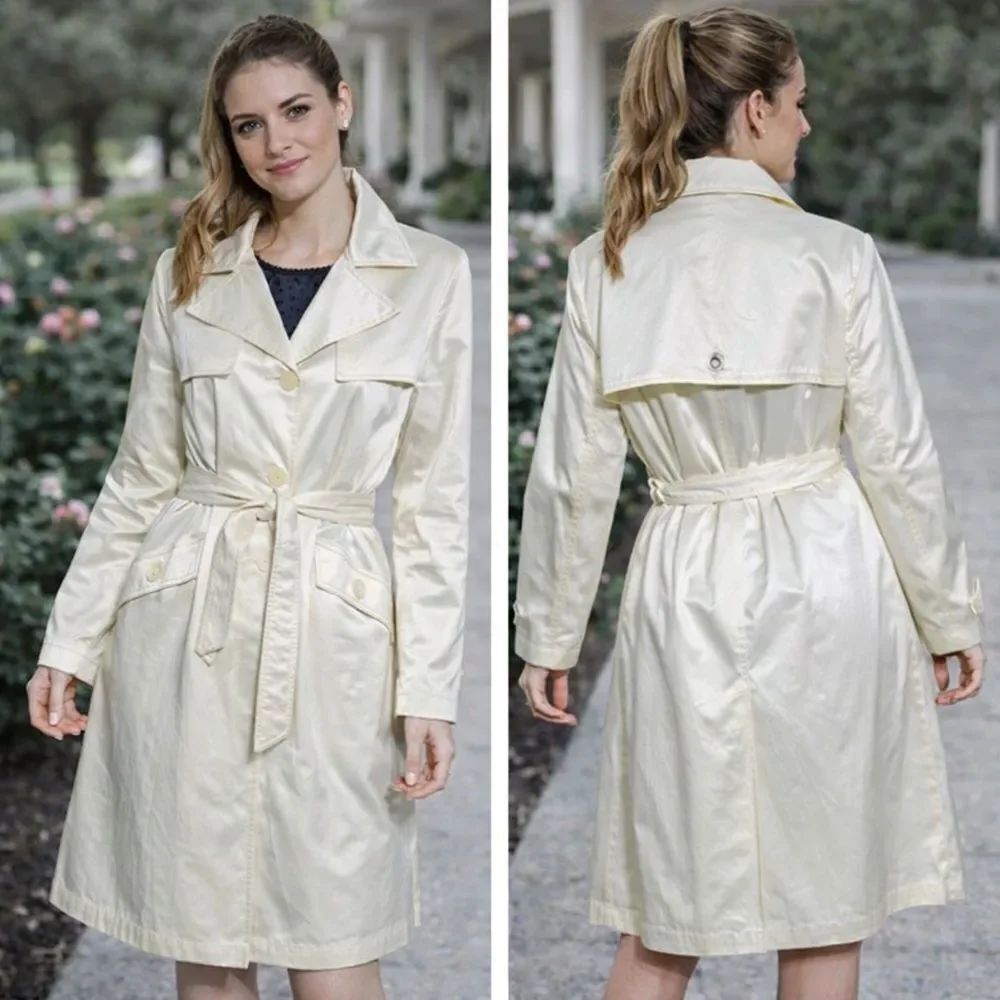 Nuage Ivory White Satin Classic Belted Trench Coat